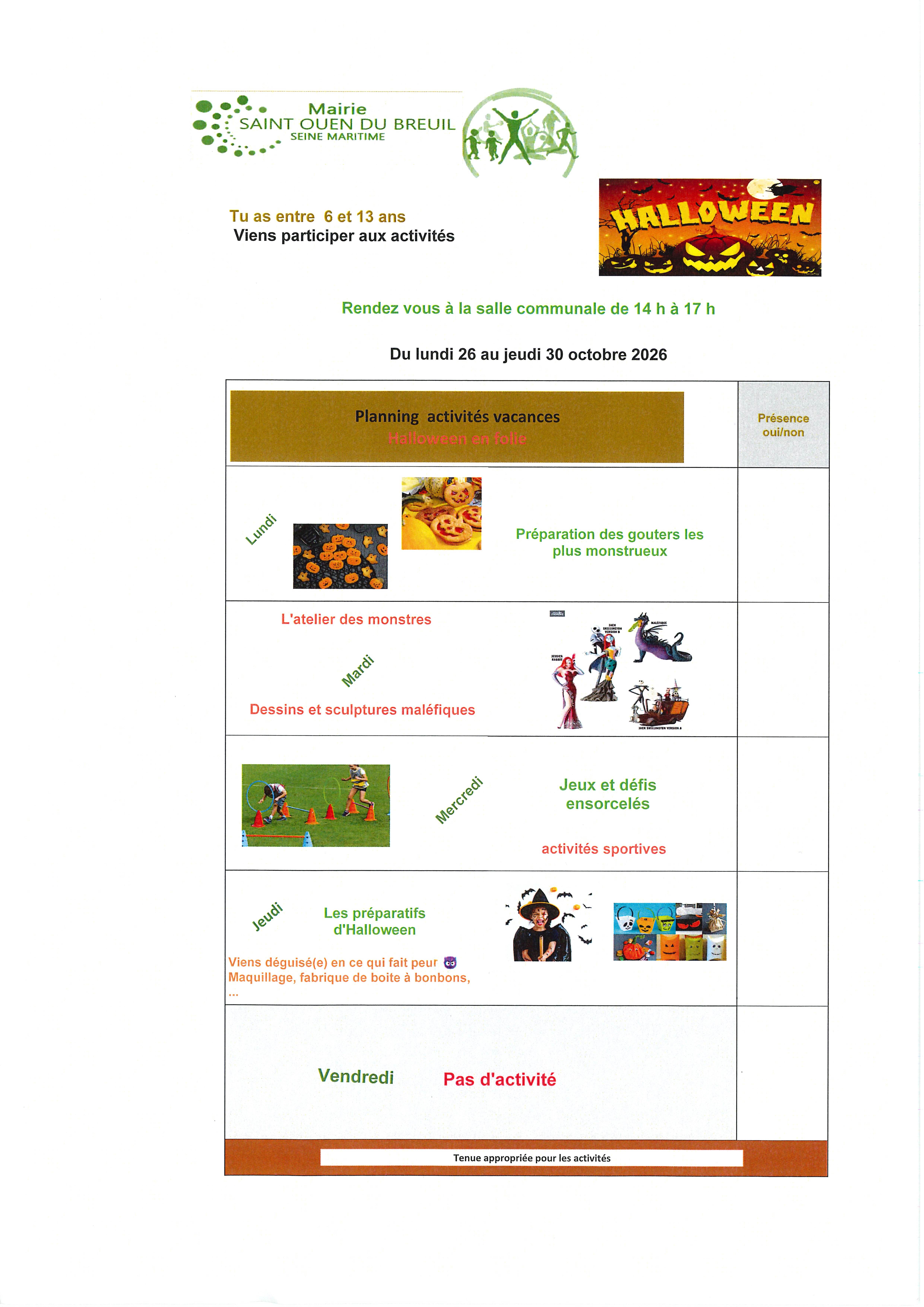 planning de la toussaint